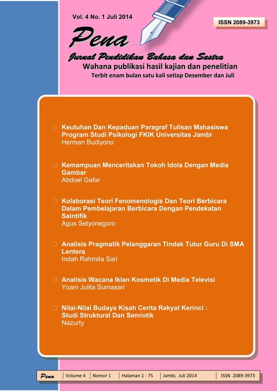 					View Vol. 3 No. 2 (2014): Jurnal Pendidikan Bahasa dan Sastra
				